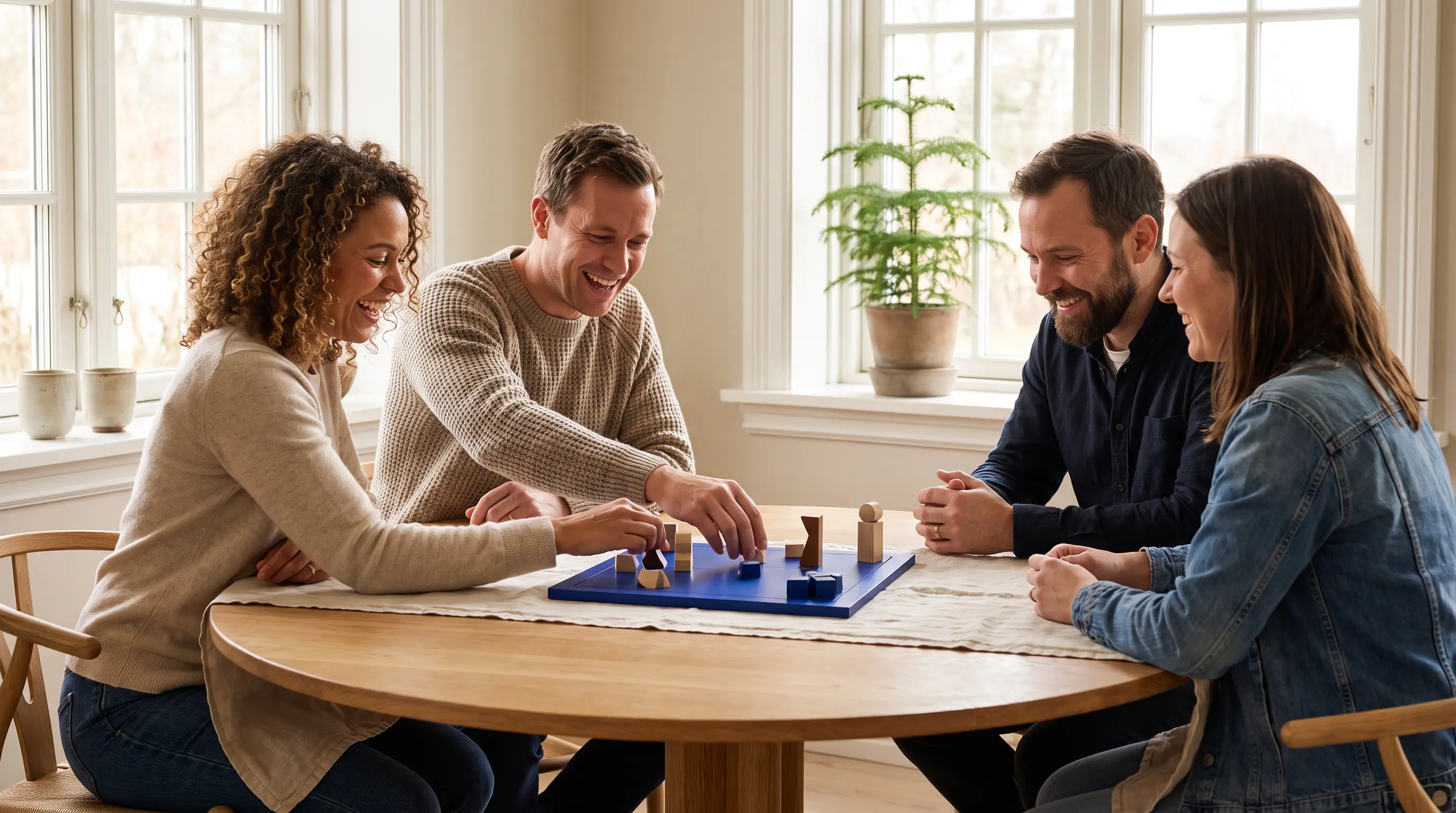 Four adults playing a tabletop game at a wooden table
