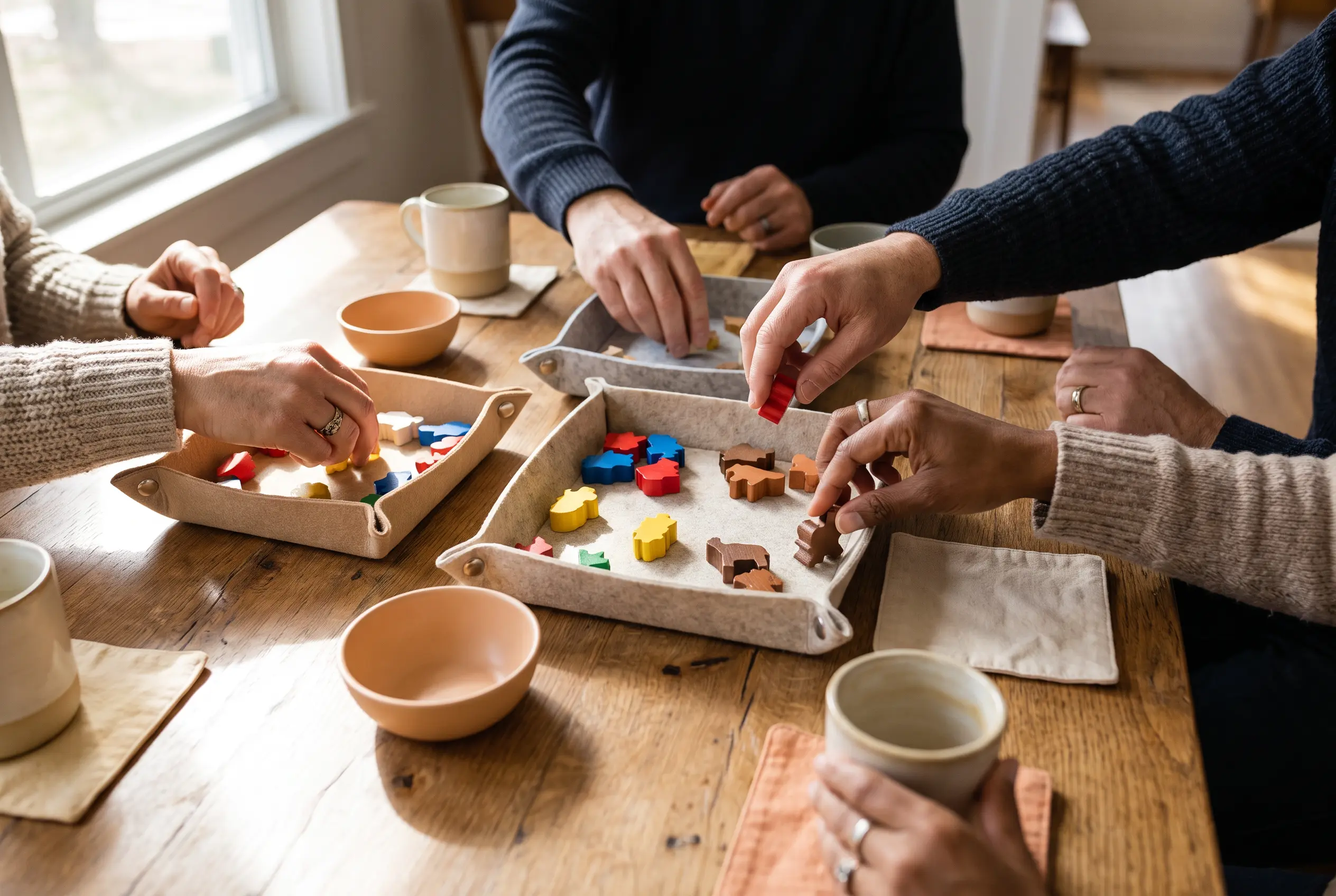 Hands sorting tabletop game pieces into felt trays