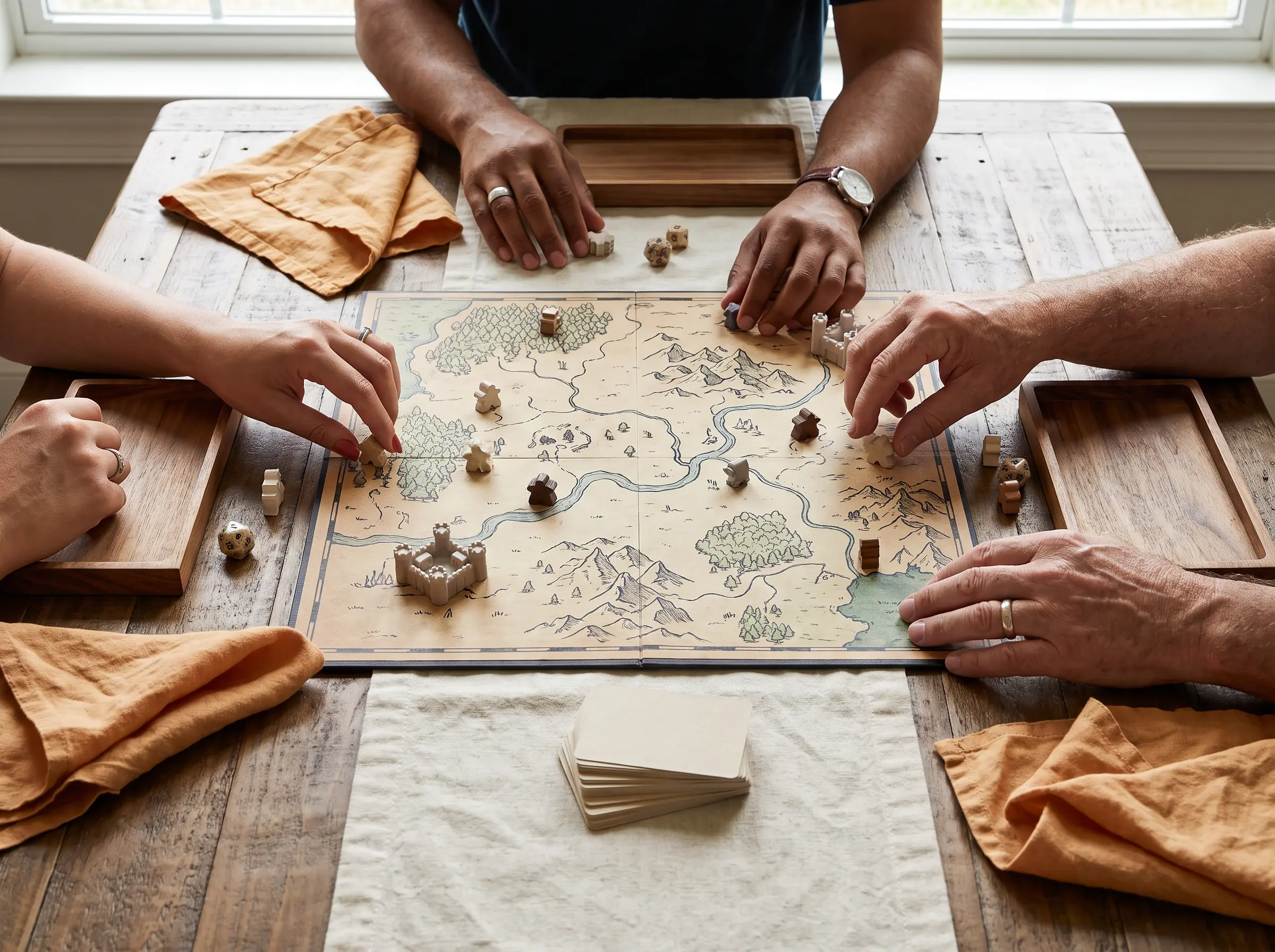 Overhead view of a game board and player hands