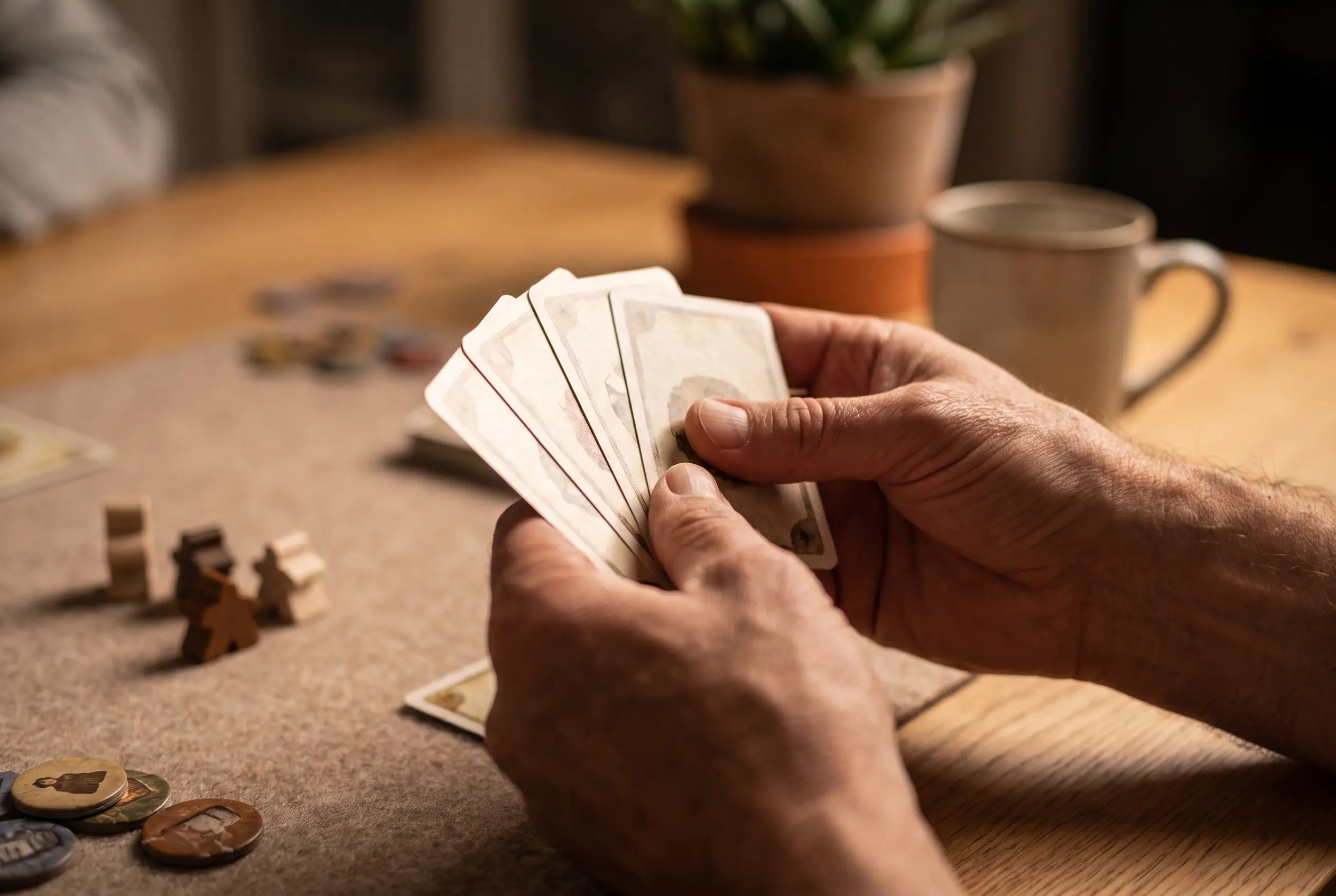 Hands holding a fan of indistinct game cards