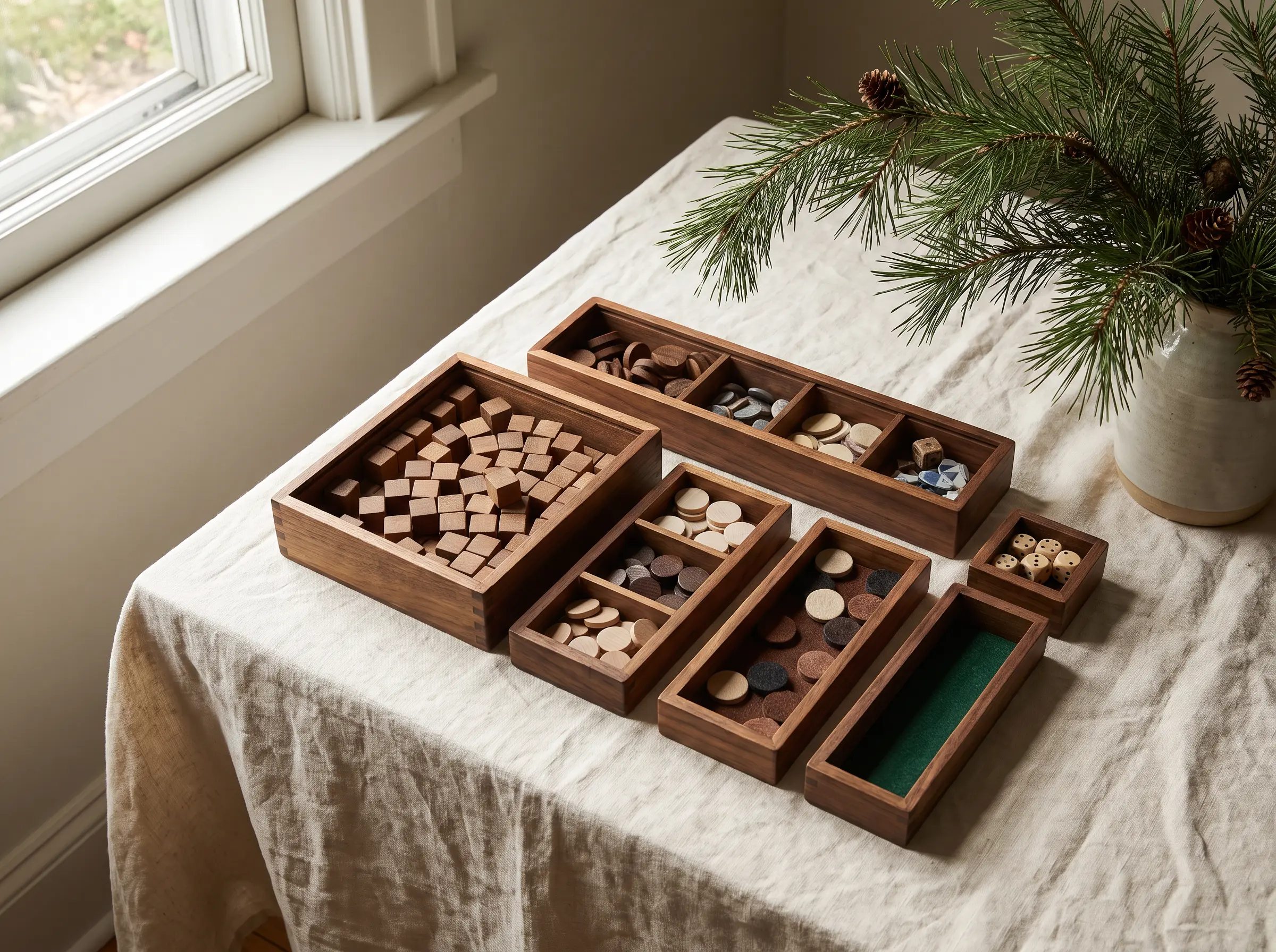 Wooden trays with tabletop game tokens and dice