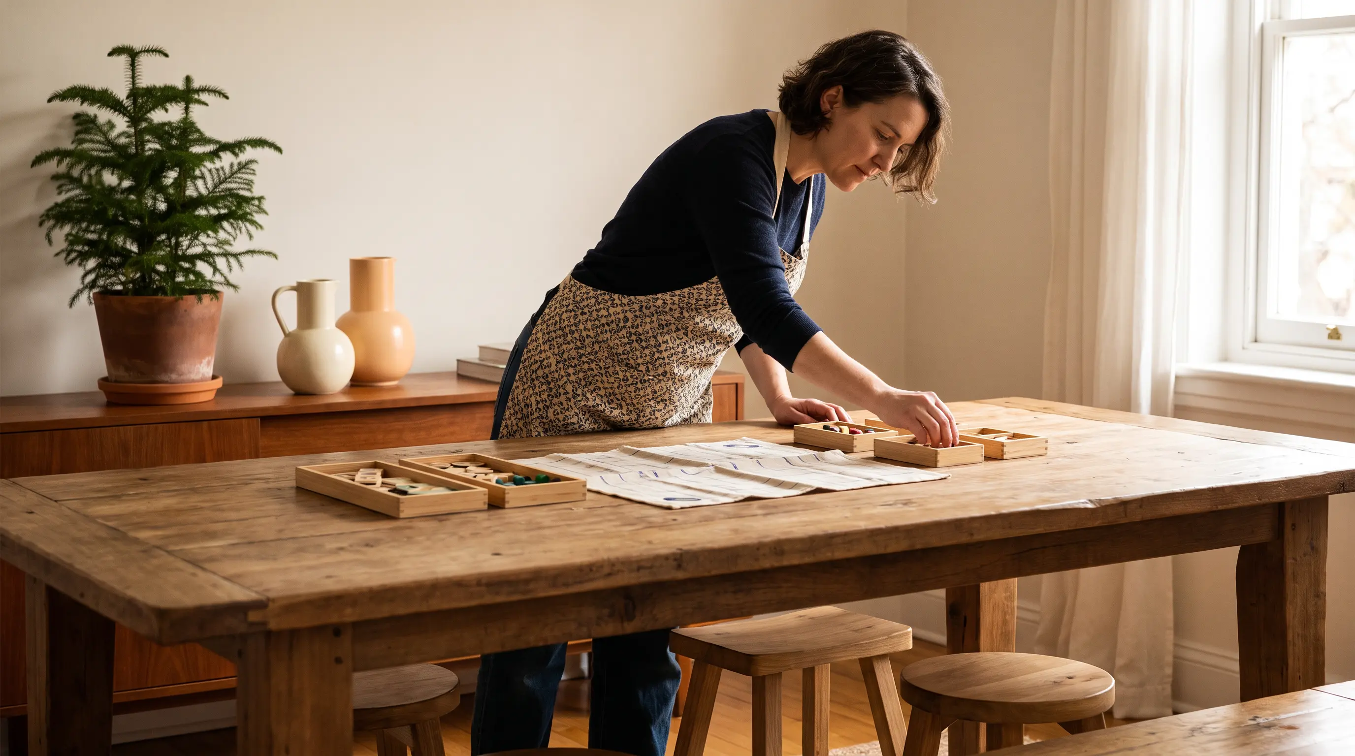A host preparing a large tabletop game table