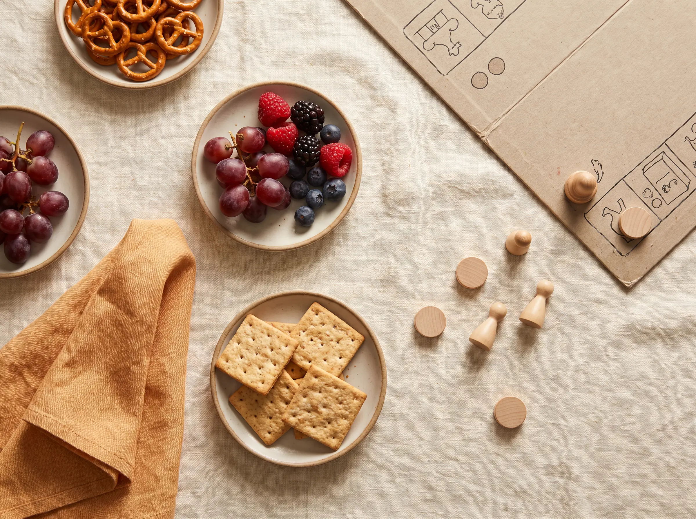 Game night snacks and simple wooden game pieces on a cream cloth