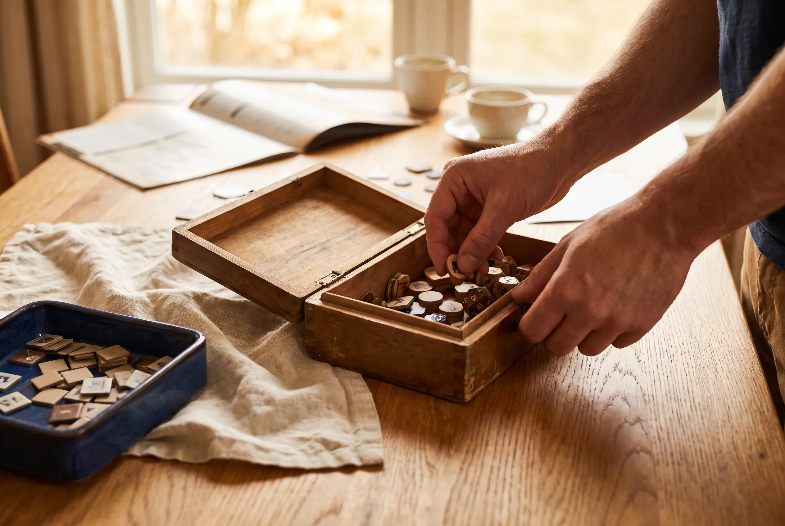 Hands returning tabletop game pieces to a wooden storage box
